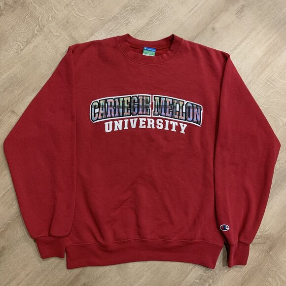 Champion Carnegie Mellon University Crewneck Sweatshirt Red Men's Medium M Plaid - Picture 1 of 6